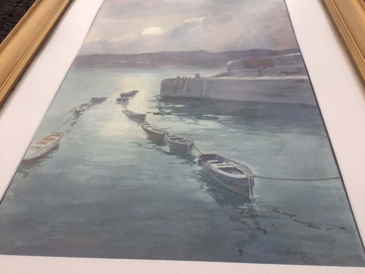 FE Bolt, watercolour, moonlit harbour scene with boats tied up, signed & dated 1915, mounted & - Image 3 of 3