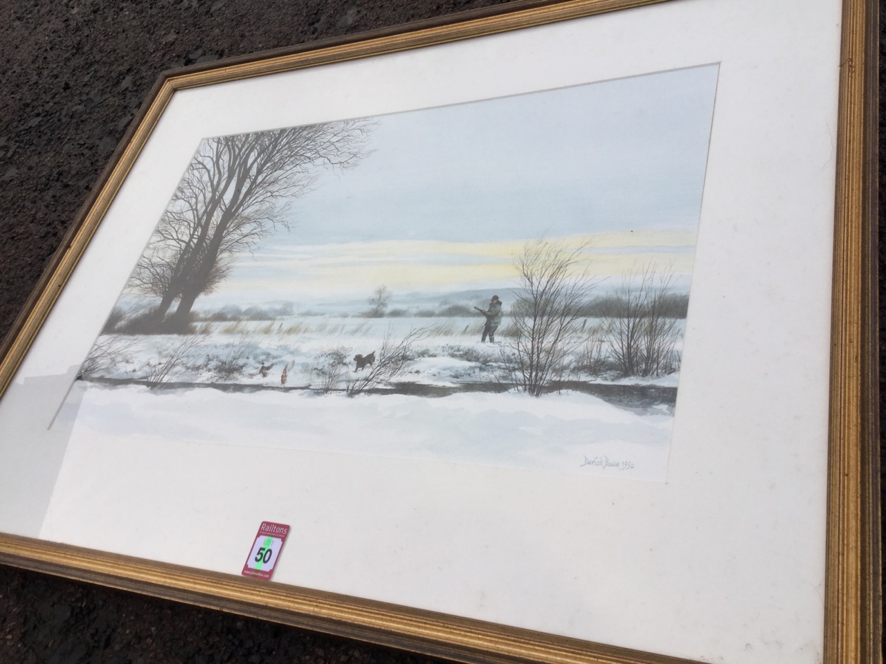 Derick Bown, watercolour, winter landscape with shooter, ducks & dog, signed and dated, mounted & - Image 3 of 3