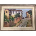 A Fonzari, oil on board, Brazilian street scene with figures on path, signed, the verso with artists