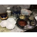Miscellaneous items including a silver plated coaster, a Wedgwood jasperware biscuit barrel with
