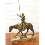 Bronze, Don Quixote mounted in full armour with jousting lance, on marble plinth - Spanish