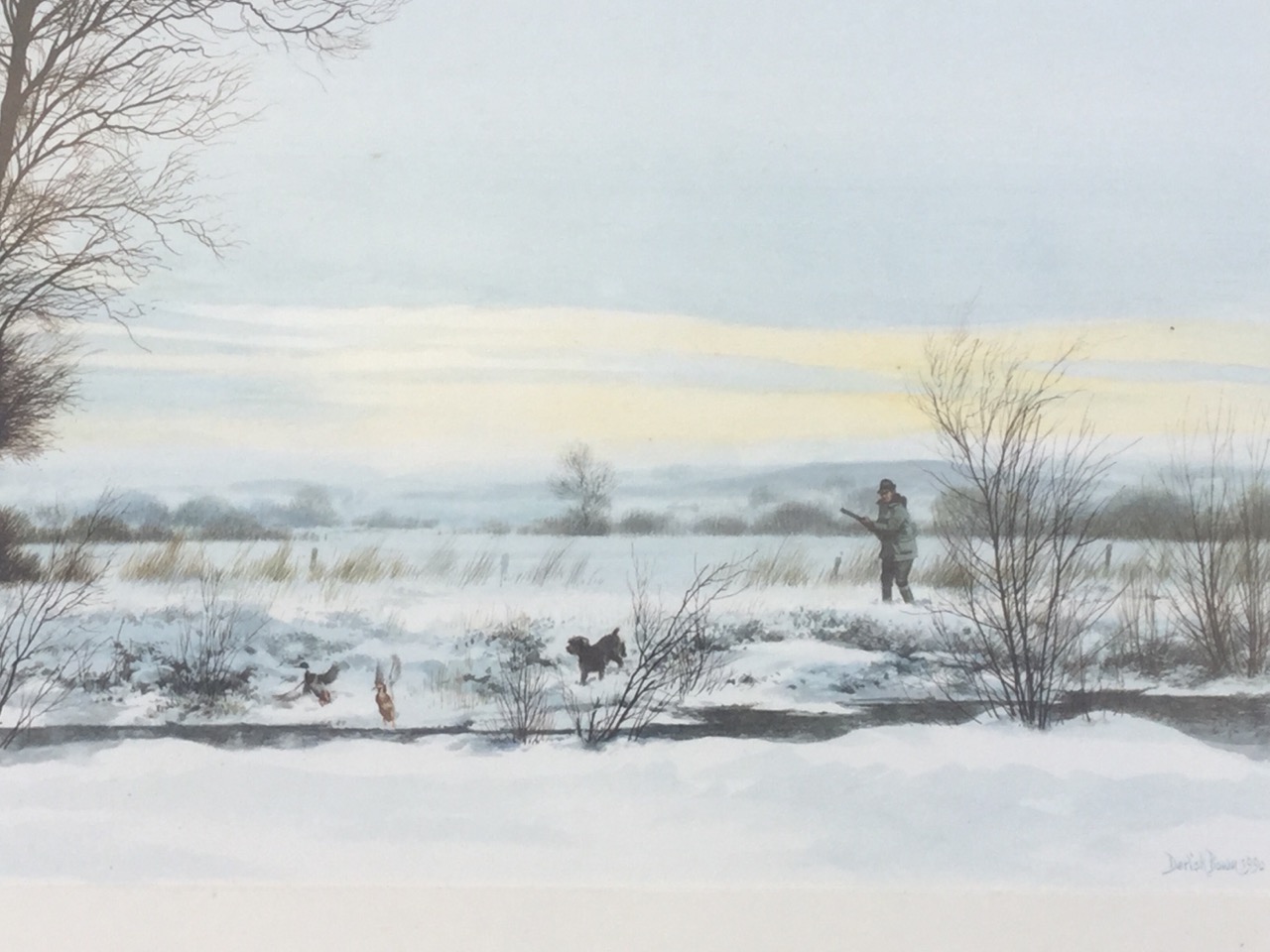 Derick Bown, watercolour, winter landscape with shooter, ducks & dog, signed and dated, mounted & - Image 2 of 3