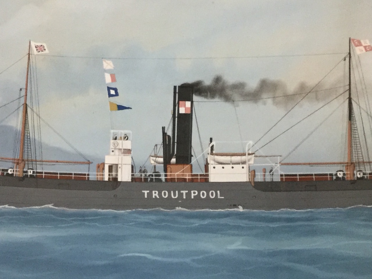 Watercolour & gouache, a study of Troutpool cargo ship under full steam, with figures on deck and - Bild 2 aus 3