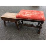 A rectangular button upholstered stool with scroll carved stretchers joining bobbin turned legs; and