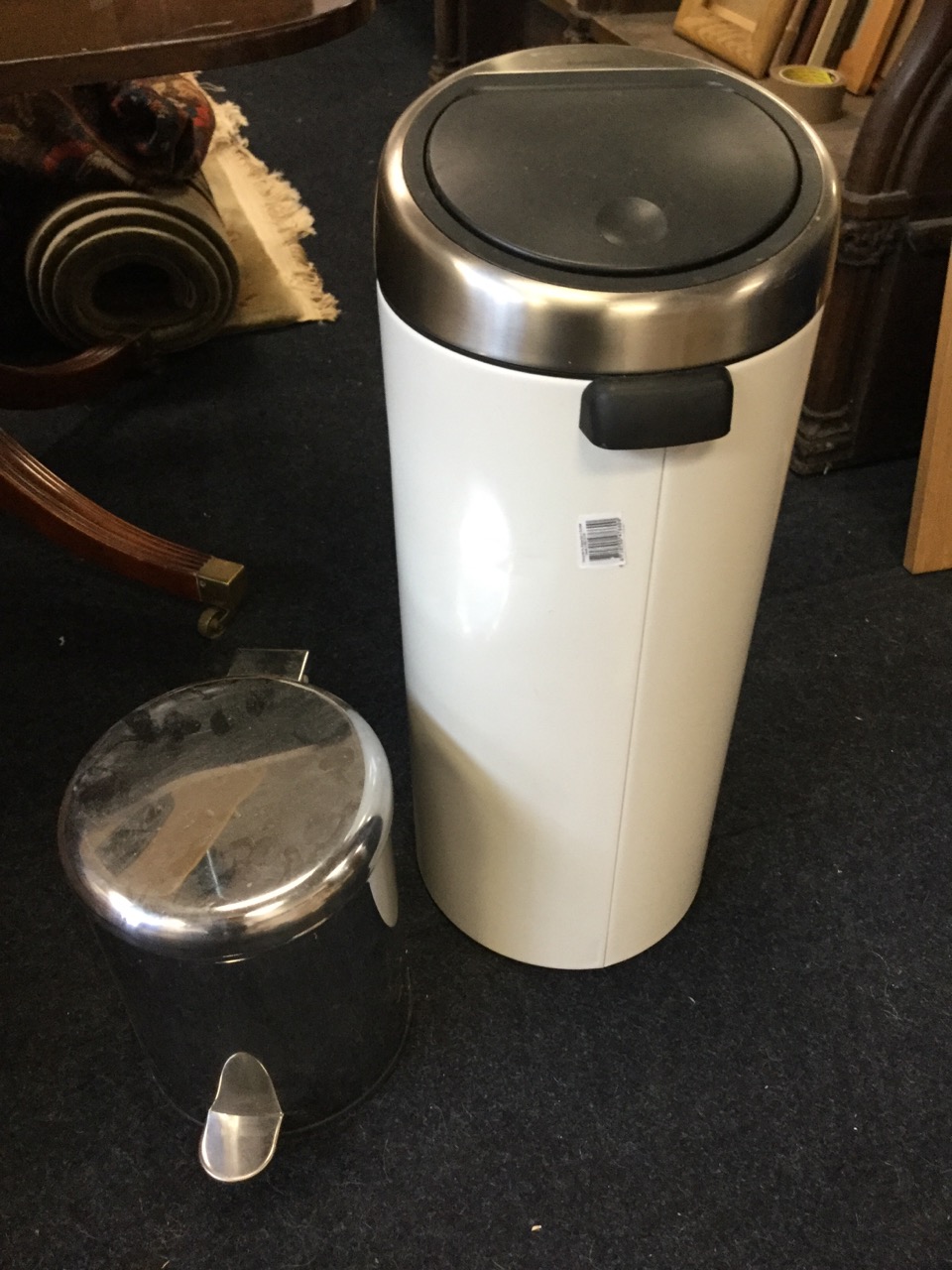 A tubular Brabantia waste bin with sprung hinged cover and bucket liner; and a small chrome pedal