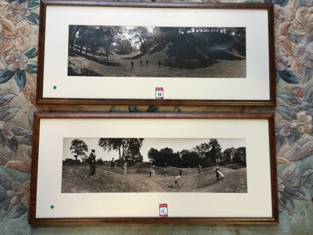 A pair of monochrome wide-angled photographs of golfers from the Edwardian era, the shadowed sepia