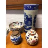 A nineteenth century Ironstone Amherst pattern bowl; a tubular blue & white decorated stickstand;