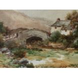 Harry Sticks, pencil & watercolour, landscape with track over bridge and cottage, possibly College