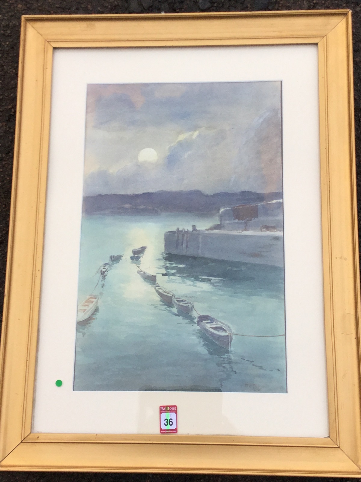 FE Bolt, watercolour, moonlit harbour scene with boats tied up, signed & dated 1915, mounted &