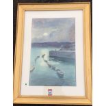 FE Bolt, watercolour, moonlit harbour scene with boats tied up, signed & dated 1915, mounted &