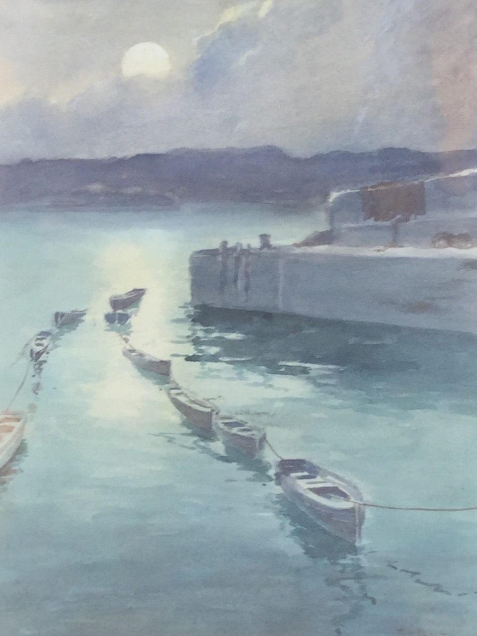 FE Bolt, watercolour, moonlit harbour scene with boats tied up, signed & dated 1915, mounted & - Image 2 of 3