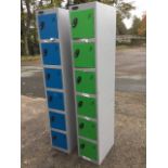 A pair of painted metal locker cabinets, each with six doors. (12in x 18in x 70in) (2)