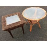 A circular cane coffee table on waisted legs with plate glass top; and a square basket top coffee