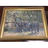 George Smith, oil on board, horse & cart with figure outside stable, signed, inscribed to verso