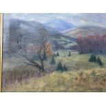 Ellen G Ozanne, oil on canvas, Cheviot landscape with tree in foreground, signed and in panelled