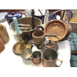 Miscellaneous items including two cast iron kettles, copper grain measures, a brass jam pan, a