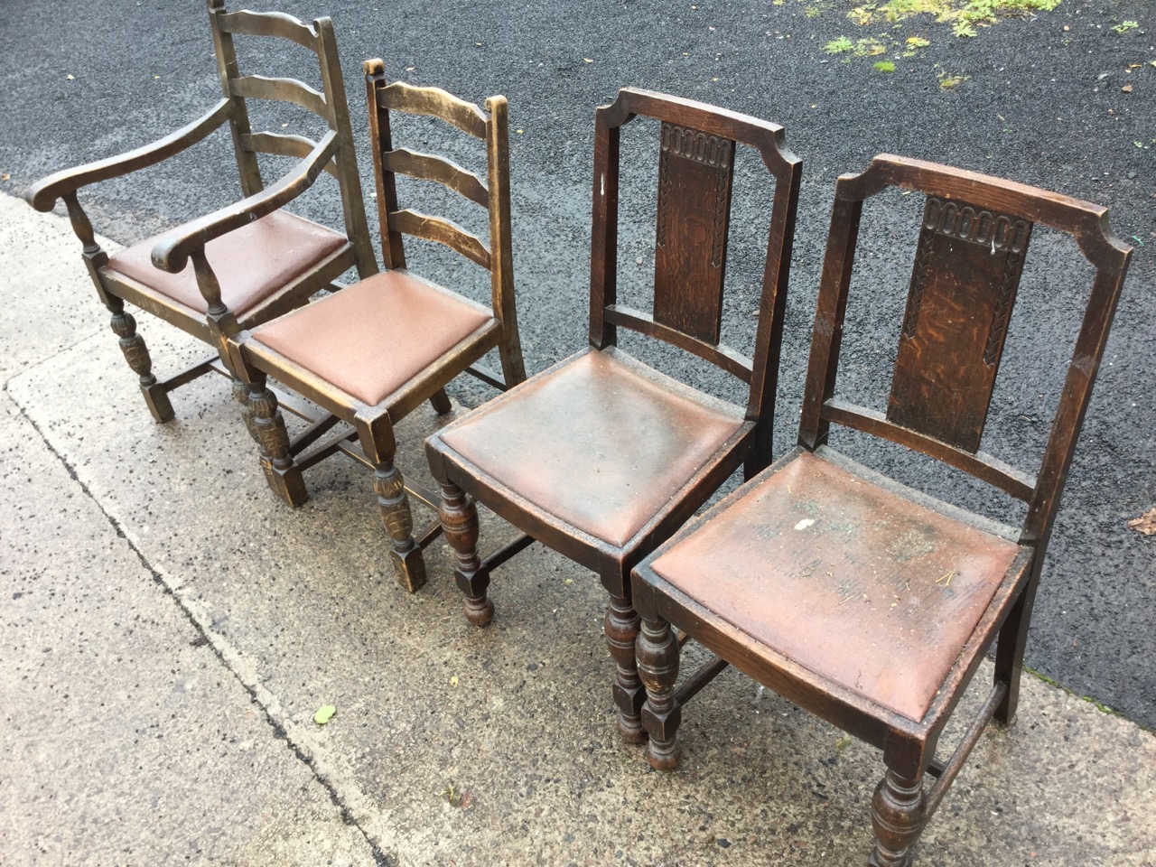 A pair of oak chairs with press carved rectangular splats above drop-in upholstered seats raised - Image 3 of 3