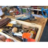 Miscellaneous tools including a mitre saw, planes, chisels, a drill, spanners, bits, saws, etc. (A