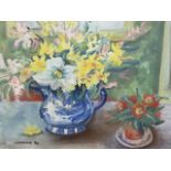 JA Currie, oil on paper, still life with blue jug of flowers and flowerpot on shelf, signed, mounted