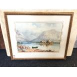 Henry Wimbash, watercolour, highland water landscape with ruin on island and figure in boat, signed,