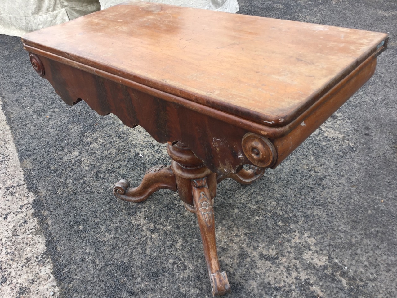 A Victorian mahogany turn-over-top tea table, the rounded twin top above a shaped apron with applied - Image 3 of 3