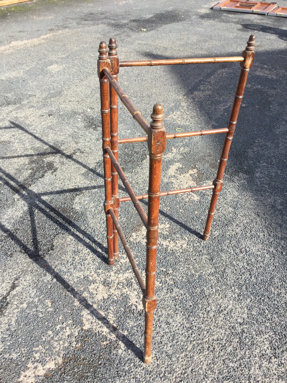 A Victorian two-fold mahogany towel stand with bamboo turned rails on ring-turned columns, having - Image 3 of 3