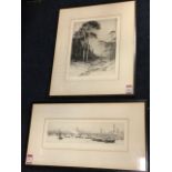 Rowland Langmaid, drypoint etching, Waterloo Bridge in London with shipping on Thames, signed in