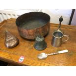Miscellaneous metal items - a North African copper bowl, two brass bells, a miniature engine