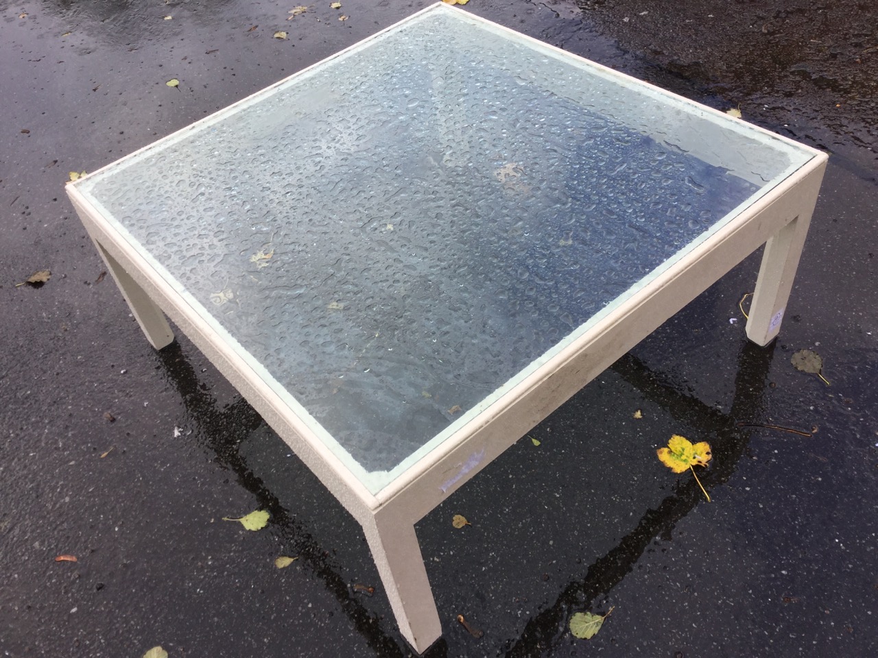 A large painted coffee table with plate glass top on square chamfered column legs. (37in x 35in x - Image 2 of 3