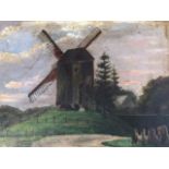 C20th oil on board, landscape with windmill, signed indistinctly, gilt framed. (10in x 7.25in)