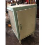 A painted meat safe, with grill sides and metal shelves;