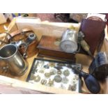 Miscellaneous militaria - a cased collection of badges, a Fifth Fusiliers mahogany box, an antique