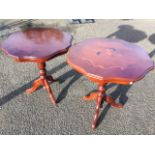 A pair of reproduction Italian scalloped top occasional tables, having scrolled floral inlay to