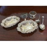 A pair of rectangular scalloped silver bon-bon dishes with pierced foliate scrolled sides - Chester;
