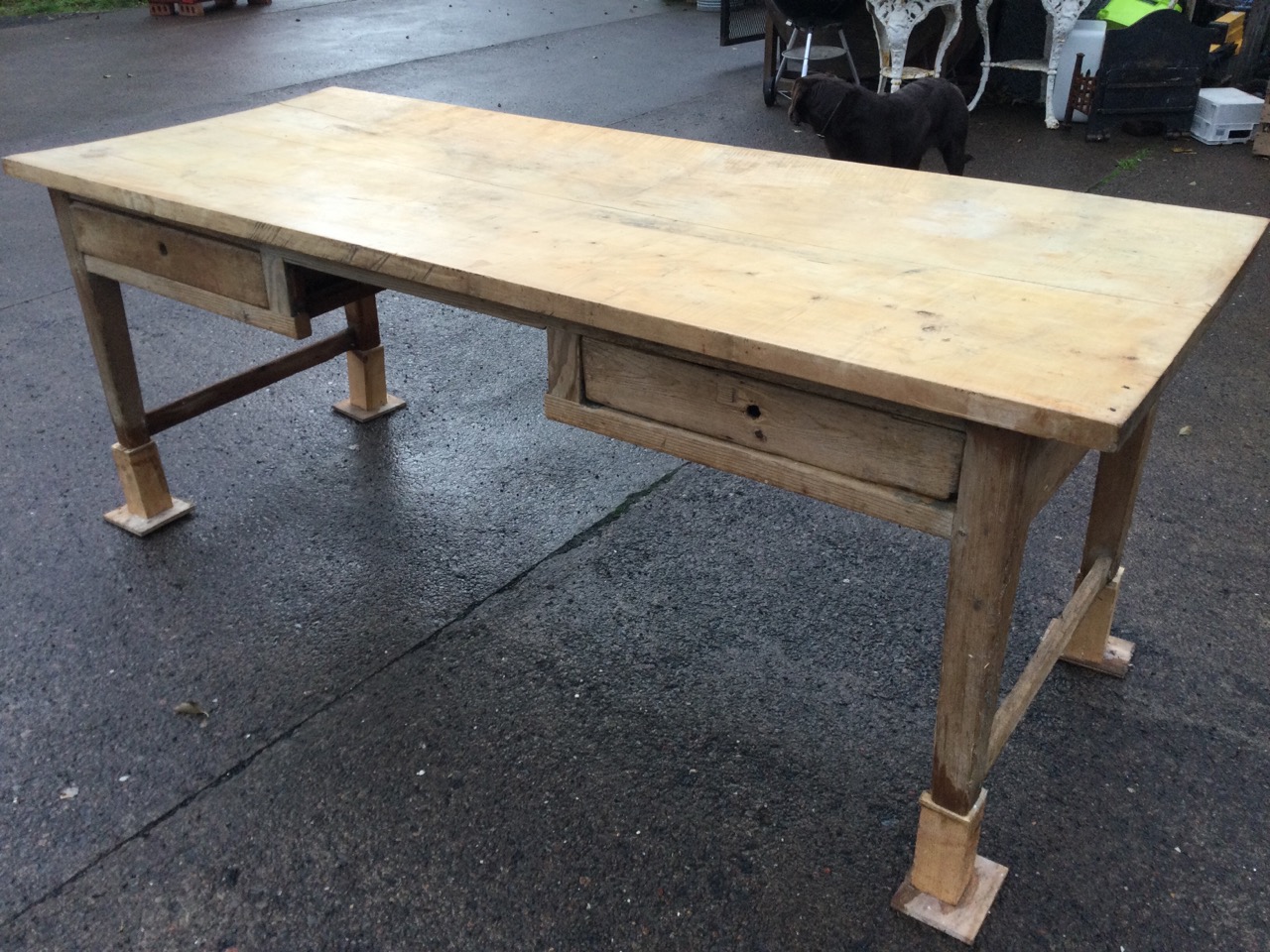 A Victorian kitchen table, the rectangular two plank chestnut top on dowel jointed pine base with - Image 3 of 3