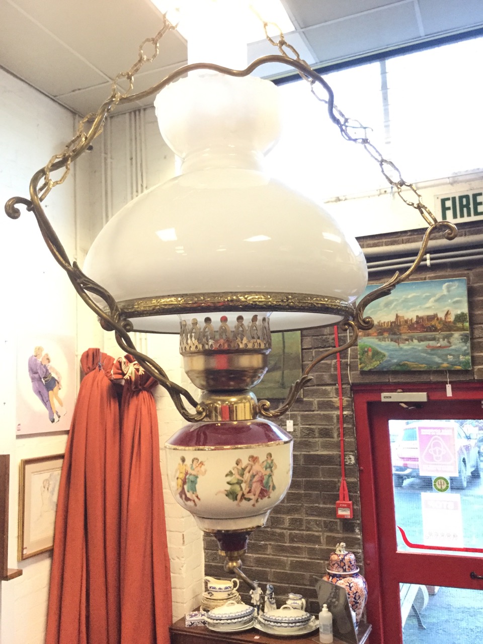 A pair of Victorian style hanging oil lamps, the electric wired lights having ceramic reservoirs - Image 2 of 3