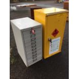 A small metal cabinet of ten drawers mounted with labelled pull handles; and a metal security