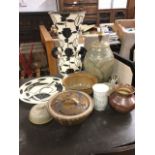 Miscellaneous studio pottery including a large egg shaped tablelamp vase, bowls, stoneware,