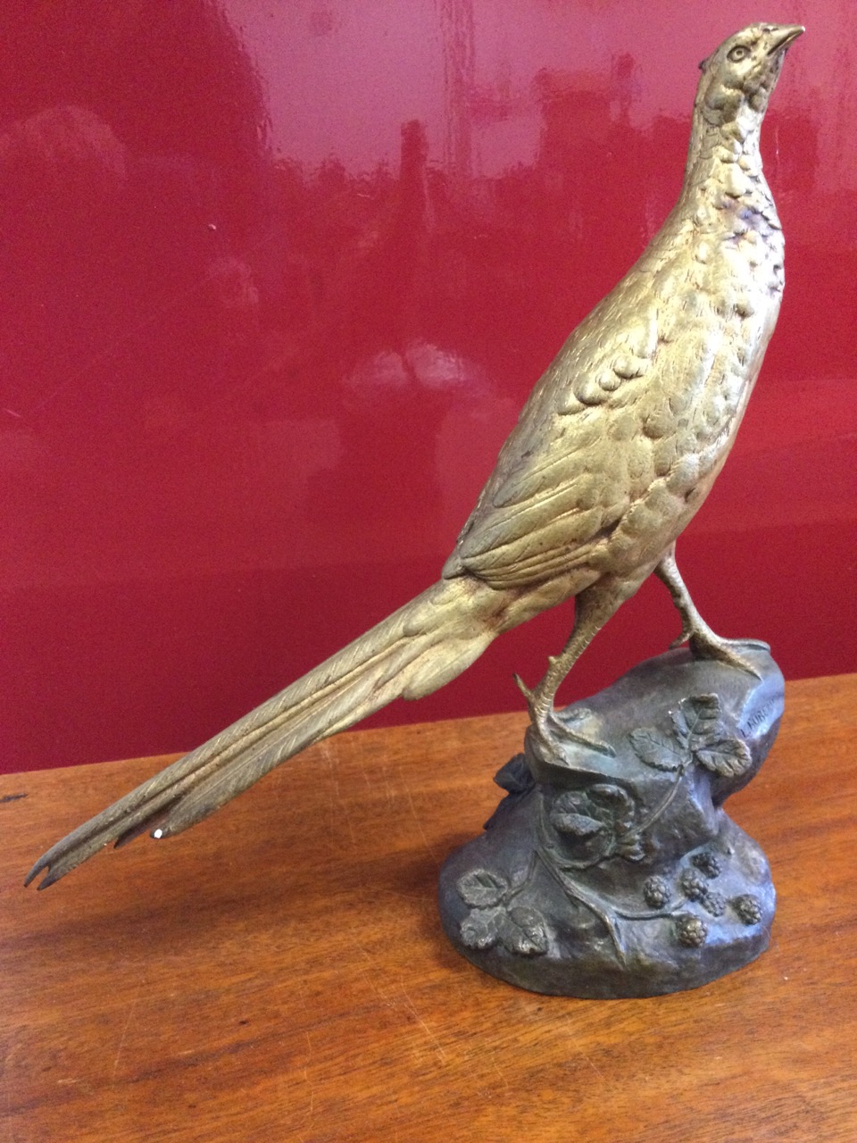 Leon Bureau, bronze, gilt patinated cock pheasant standing on bramble encrusted naturalistic rock