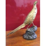 Leon Bureau, bronze, gilt patinated cock pheasant standing on bramble encrusted naturalistic rock