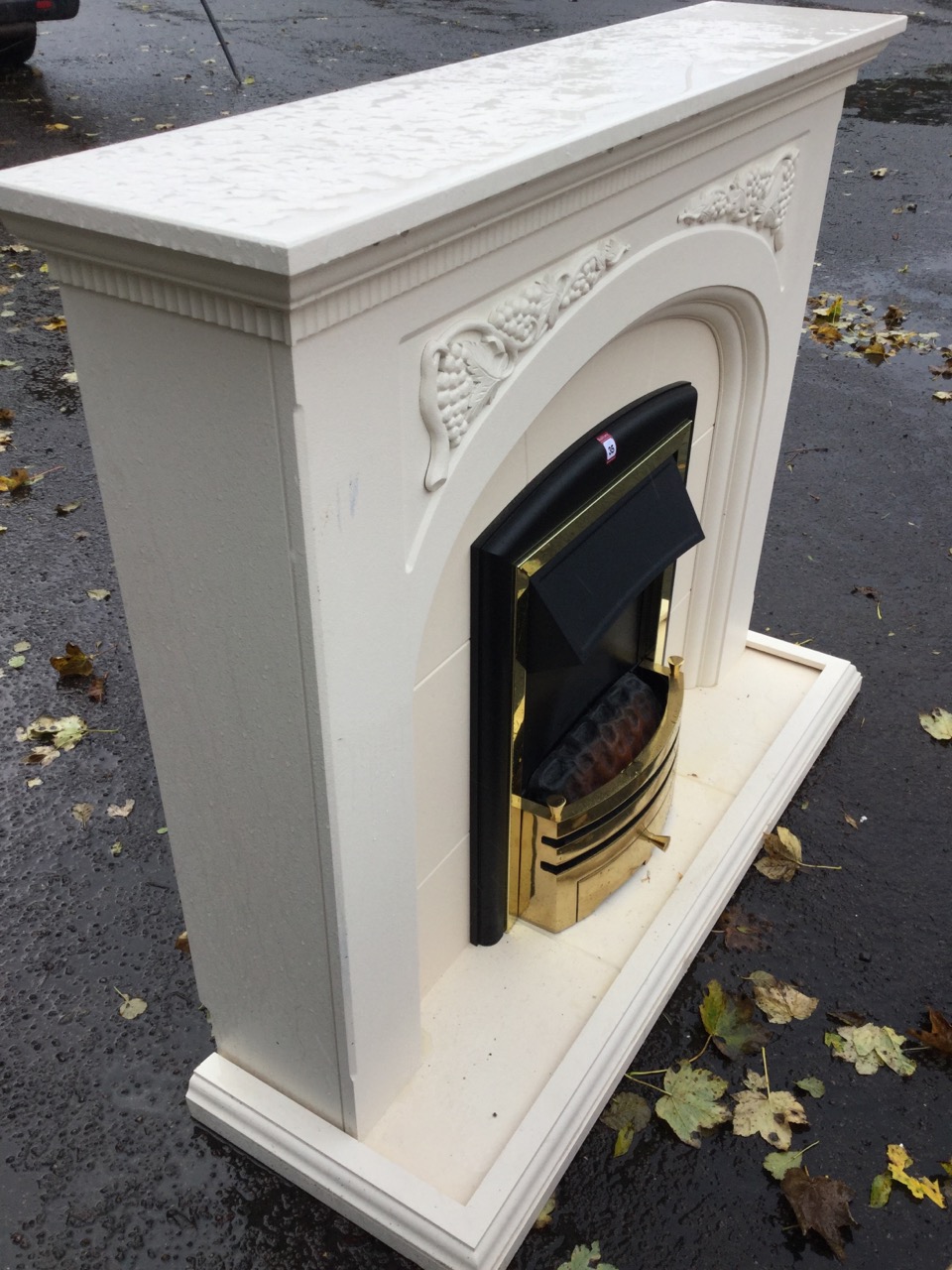 A contemporary painted chimneypiece, the mantelpiece with dentil cornice above vine moulded - Image 3 of 3