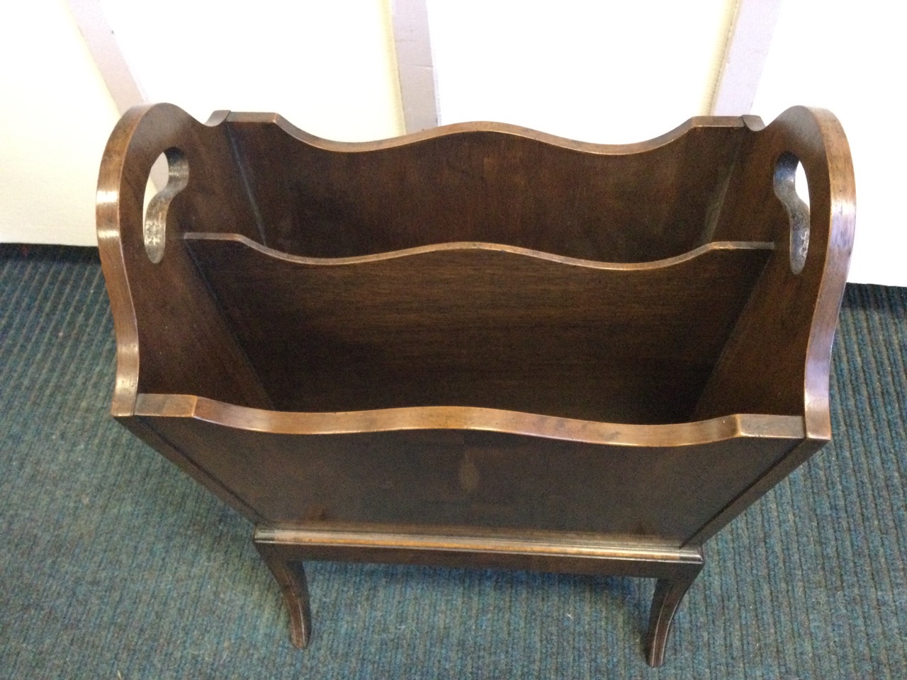 A yew magazine rack, the tapering box with two divisions on splayed legs, the sides with pierced - Image 2 of 3