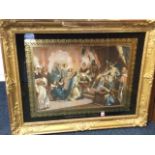 A large gilt framed European coloured print titled Himeneo de Gonzalo y Zulema, the court scene