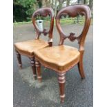A pair of Victorian mahogany balloon back dining chairs, with scrolled carving above leather