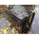 A painted wartime ammo box with lined interior, mounted with rope handles. (24in x 16in x 20in)