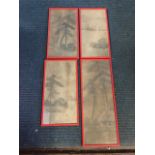 A set of four ancient Japanese fabric pictures depicting stylised trees, buildings and sails in