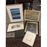 Miscellaneous pictures including an RH Scott watercolour of Bamburgh sand dunes, a late Victorian
