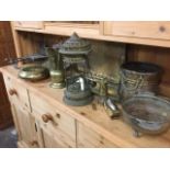 Miscellaneous copper & brass including a long benares tray, Victorian trivets, a fluted jardiniere