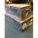 An Edwardian Army & Navy tin trunk with brass patent lock; and another similar larger military trunk