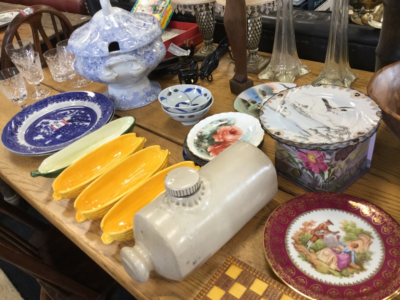 Miscellaneous ceramics, glass, treen, etc., including inlaid boxes, bowls, a Victorian blue & - Image 2 of 3